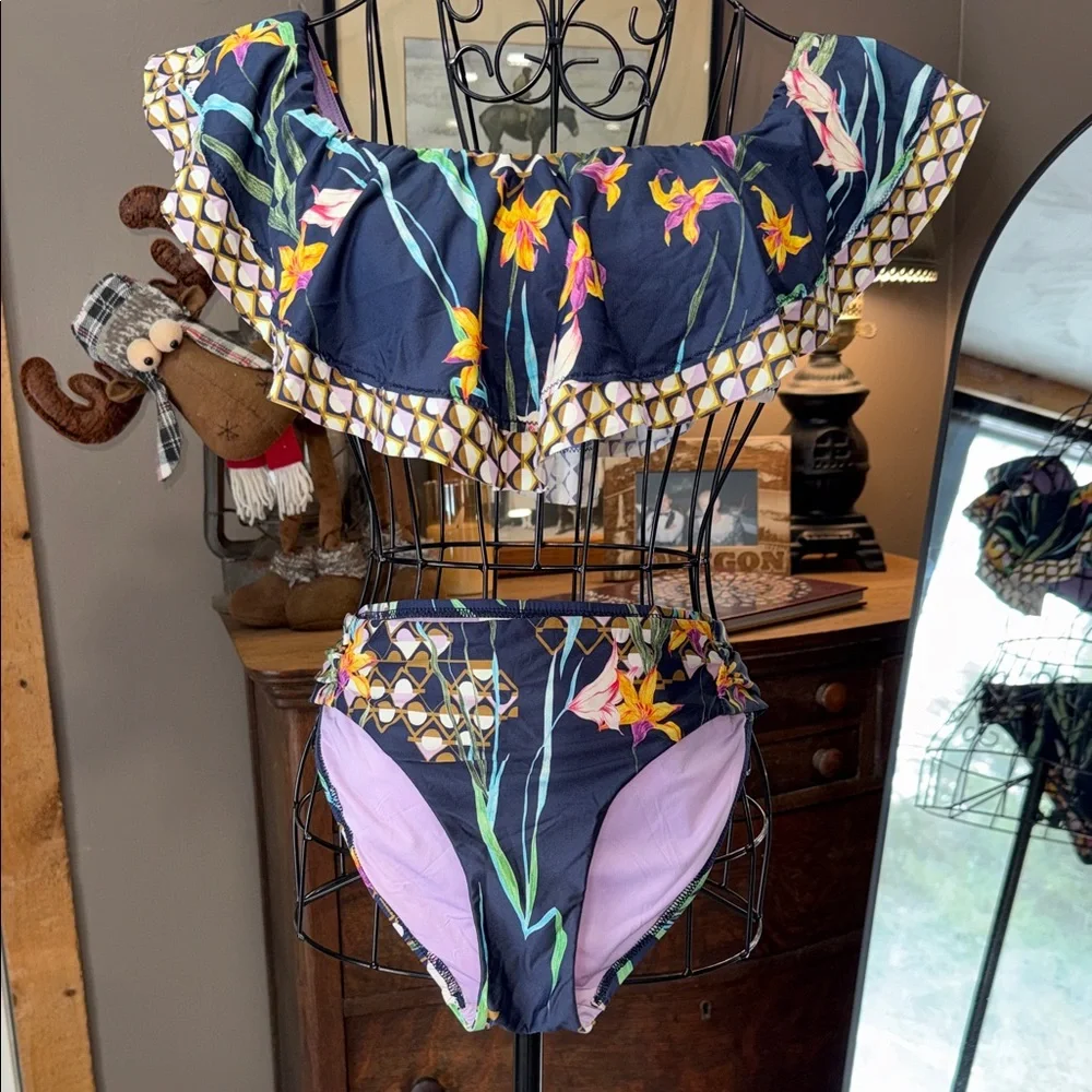 Trina Turk Navy Floral Off-Shoulder Bikini with Lilac Lining - Picture 5 of 8